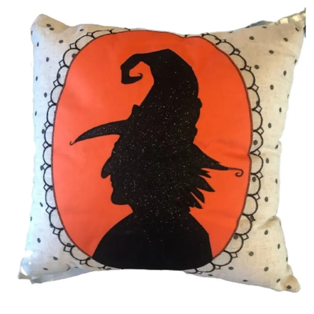 NWOT Halloween Witch‎ Silhouette Pillow Cameo Witch Hat Orange Cream Polka Dots